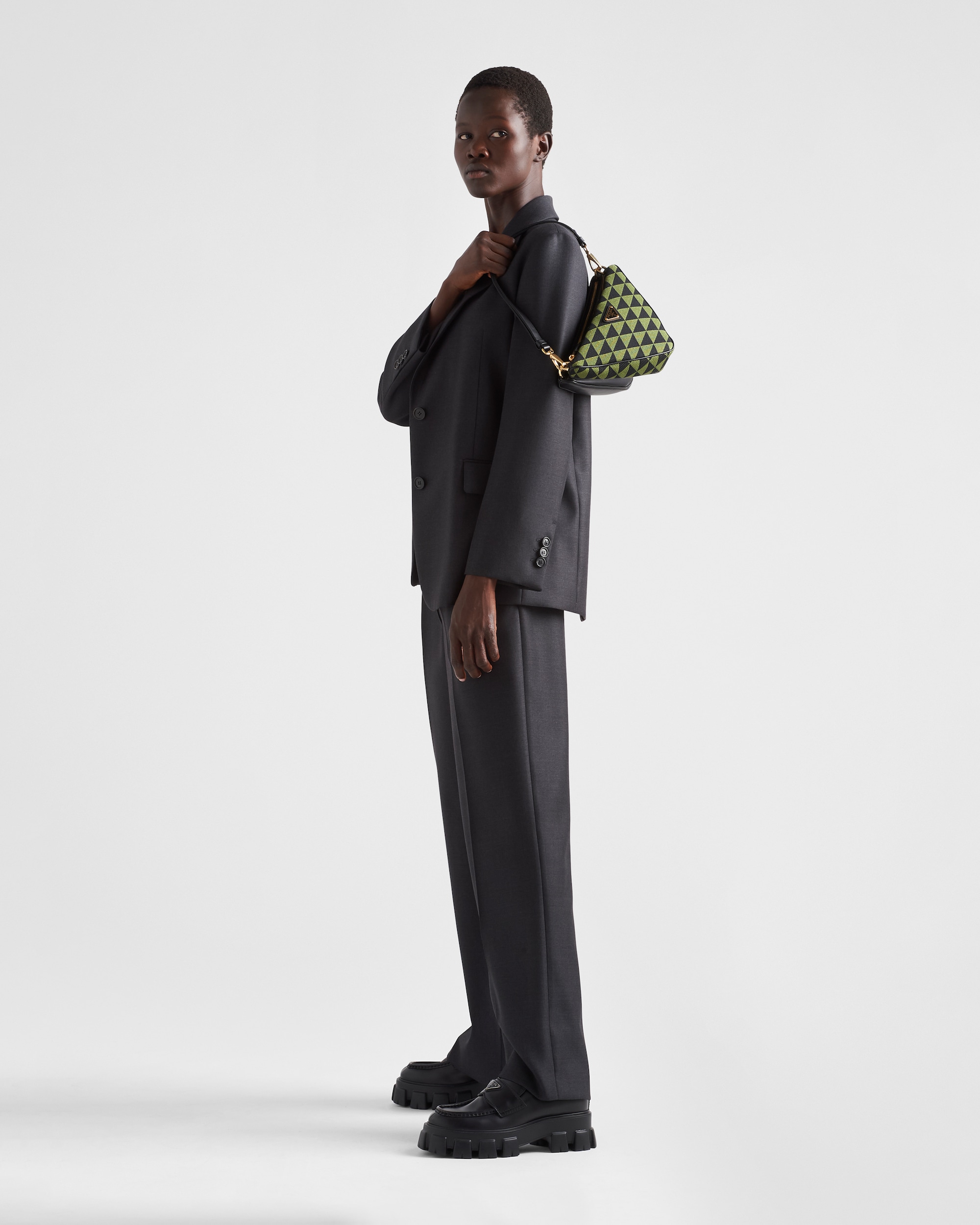 Prada Symbole Leather and Fabric Mini Double Triangle Bag in Black Green
